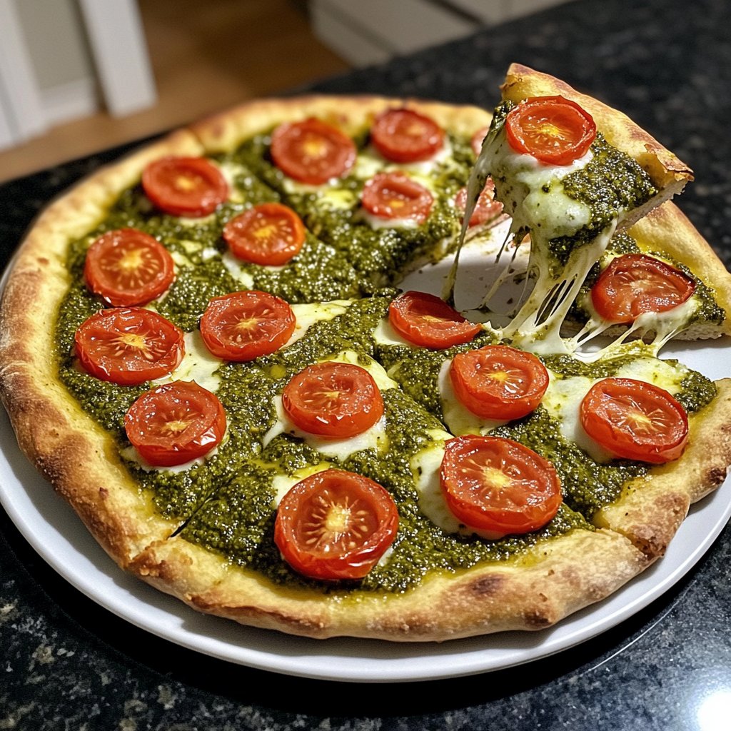 Pizza mit Pesto und Kirschtomaten